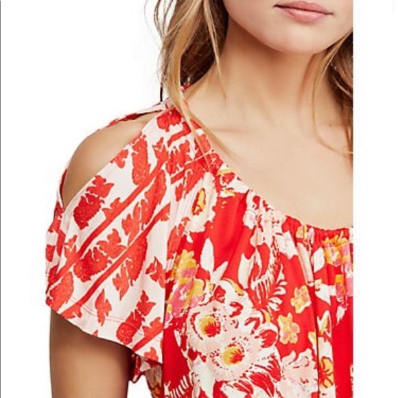 NWT Free People Baja Babe Red Floral Flowy Tie Open Back Blouse Gathered Top - Picture 7 of 16